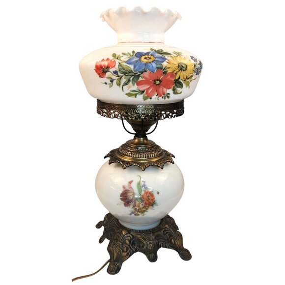 Vintage 3 way Table Lamp Floral Hand-Painted Glass Shade & Metal Base Electric D - Picture 2 of 16